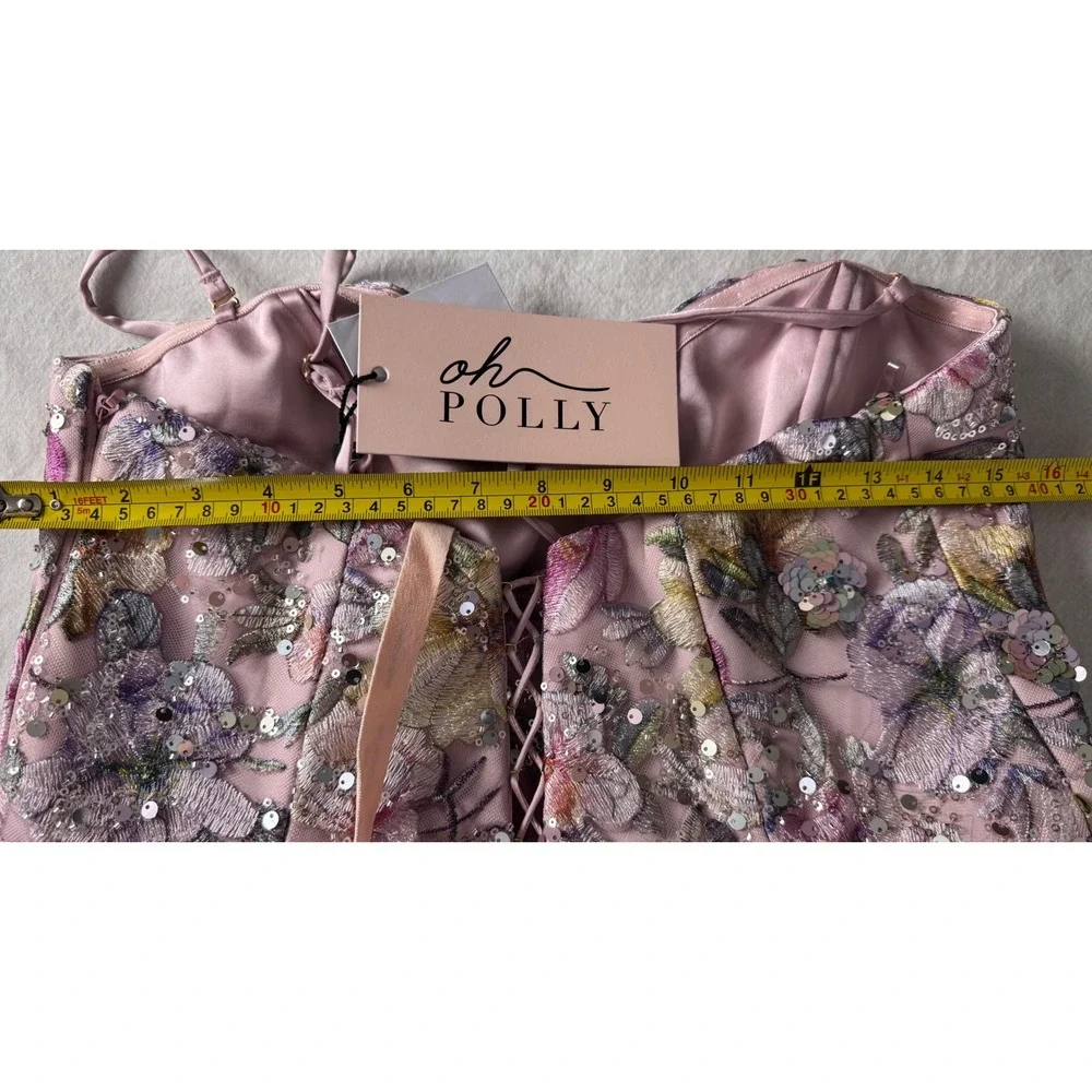 Oh Polly Floral Embroidered Sequin Mini Dress Strapless Lace Up Back Pink US 10 - Picture 7 of 10